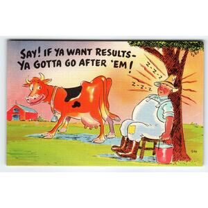 Vintage 1950s Linen Comic Postcard Farmer and Cow Saying Quote